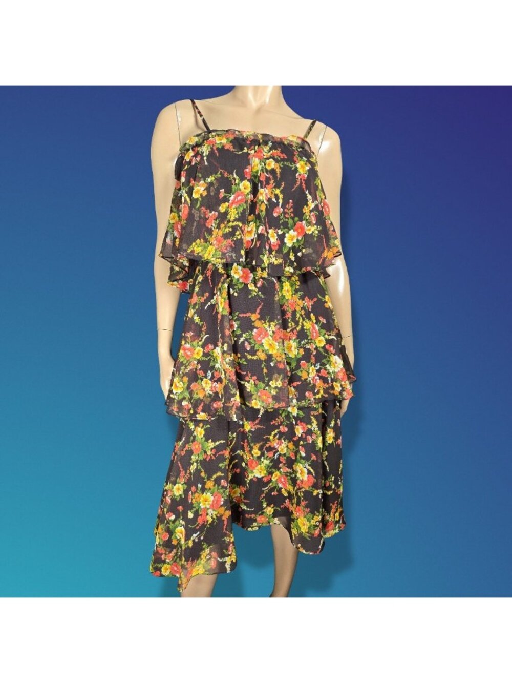 Vintage 70s Brown Floral Tiered Chiffon Dress Size S Midi Spaghetti Straps Boho